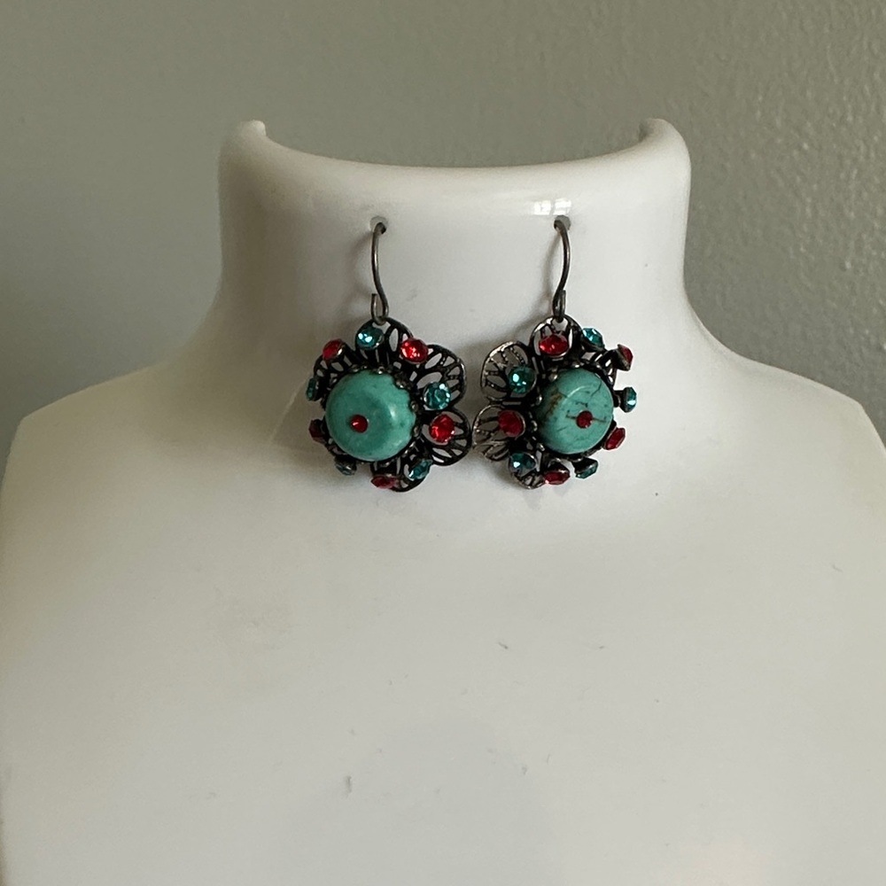 Vintage Turquoise (faux most likely) and Red Floral Earrings